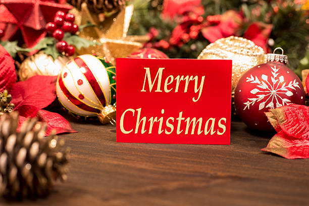 istock Holiday ornaments, decorations with Merry Christmas greeting card. 621596928