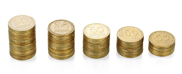 istock Stacks of Ukrainian coins face value 50 isolated on white. 621598374