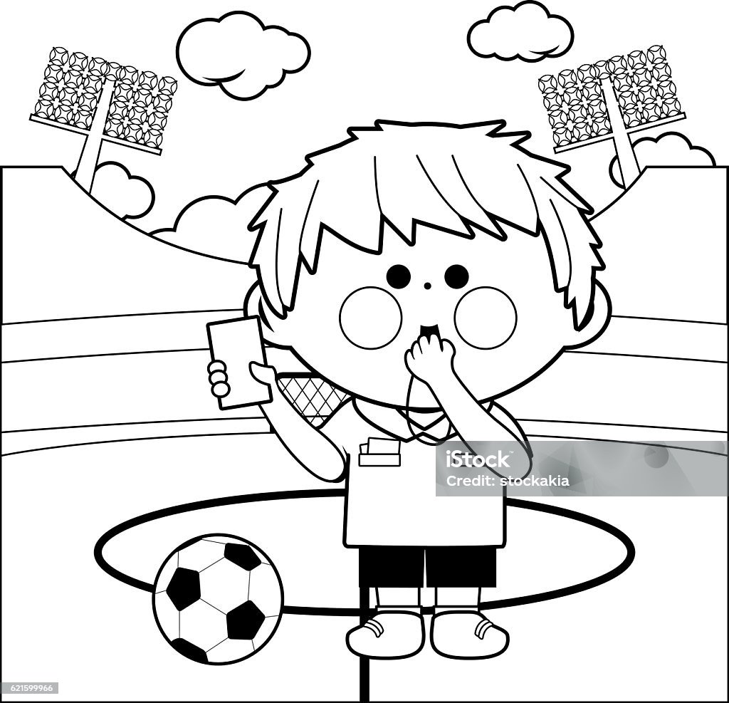 Soccer referee at a stadium coloring page Soccer referee at a stadium blowing a whistle and showing a red card. Black and white coloring page illustration Soccer stock vector