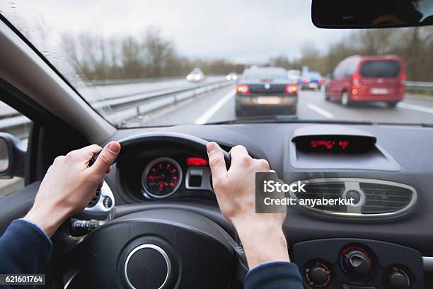 Driving Car On Highway Stock Photo - Download Image Now - Driving, Car, Safety