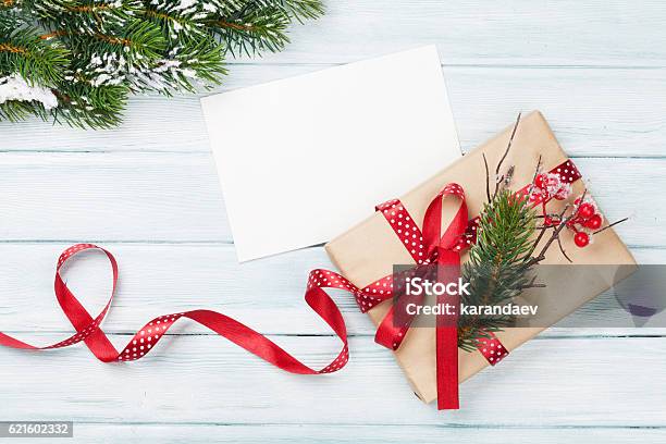 Christmas Gift Box And Greeting Card Stock Photo - Download Image Now - Christmas Present, Greeting Card, Box - Container