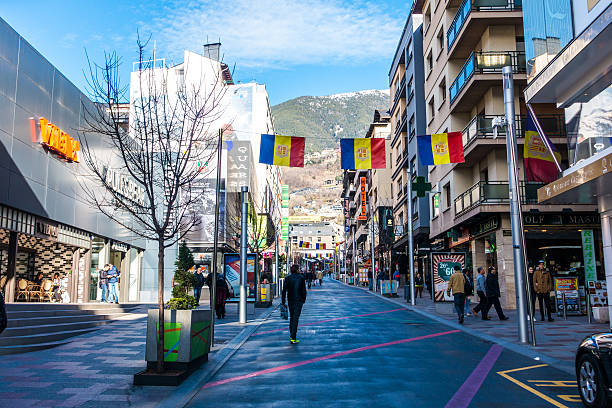 Escaldes-Engordany, Andorra - march 13, 2016: people shopping at main street in Escaldes Engordany  