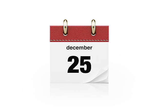 Realistic red leather calendar showing Christmas day which is 25th of December. December 25 is written with bold text on calendar. Calendar is isolated on white background. Clipping path for calendar is included. Great use as an icon and Christmas related concepts. Horizontal composition with copy space.