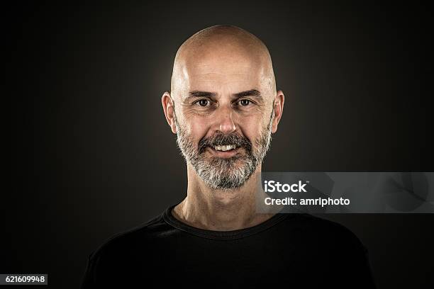Happy Man Bald Head Stubble Beard Stock Photo - Download Image Now - 40-44 Years, Men, Portrait