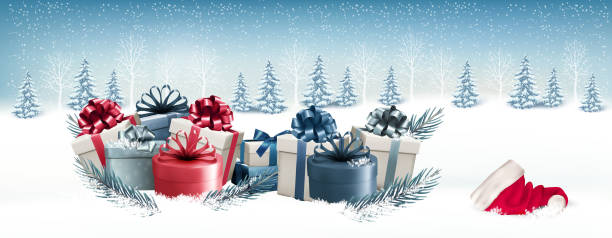 istock Snowy Christmas banner with lots of presents and santa hat. 621609992