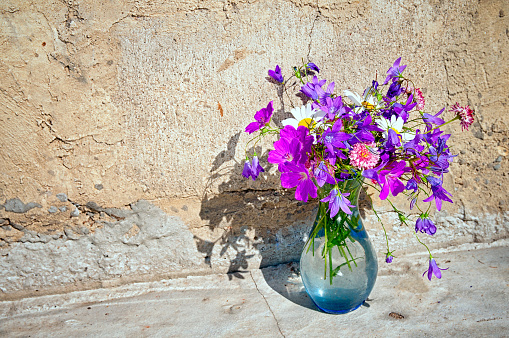 Bouquet of wild flowers - bluebells, daisies, clover