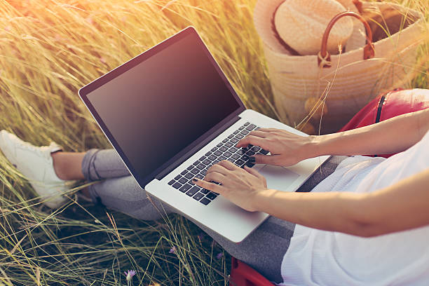 istock Young woman working with laptop outdoors in meadow 621614088
