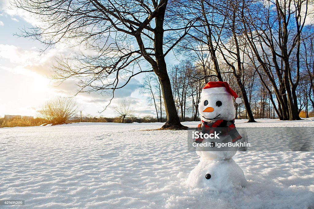 Smiling snowman. Picturesque winter landscape. Holiday mood. Smiling snowman and Christmas decorations. Picturesque winter landscape. Holiday mood. Beautiful New Year composition. Snow Stock Photo