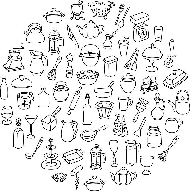 illustrations, cliparts, dessins animés et icônes de ensemble d’icônes de différents types d’ustensiles de cuisine. - fondue fork