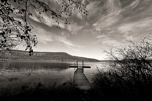 A wooden dock on Chatcolet lake in Heyburn State Park near Plummer, Idaho