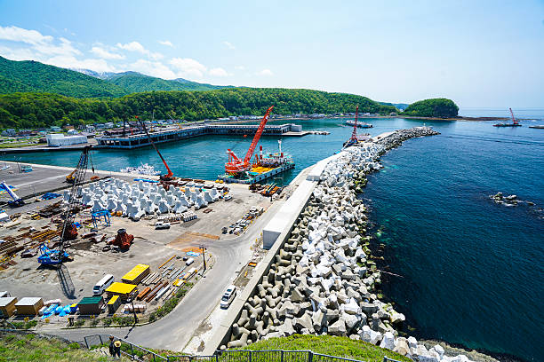 nuevo puerto en crecimiento en la ciudad de utoro en shiretoko, japón - sea of okhotsk fotografías e imágenes de stock