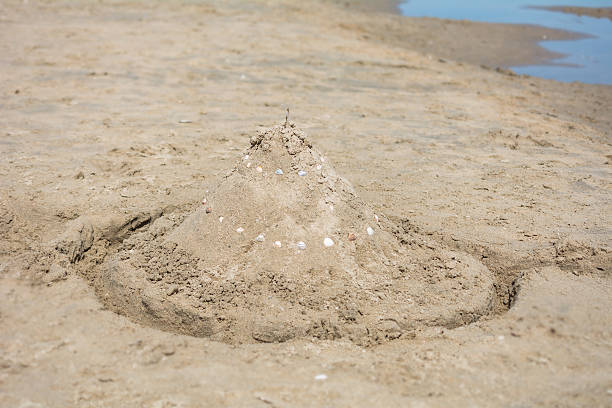 istock Sandcastle with empty moat waiting for flooding on the beach 621688378