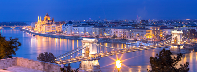 Panoramic view of the Hungarian Parliament Building and the Szechenyi Chain Bridge in Budapest at dusk.