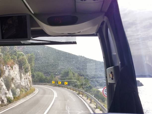 istock Bus Windshield View, Adriatic Sea, Tight Bend Curved Road, Cliff 621690940