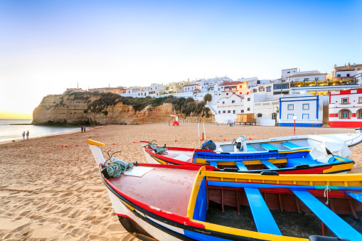 Beautiful beach with boats in Carvoeiro, Algarve, Portugal