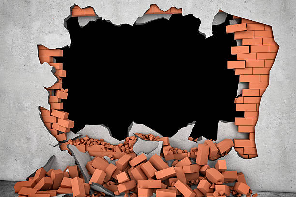 istock Rendering broken wall with black hole and pile of rusty 621692970