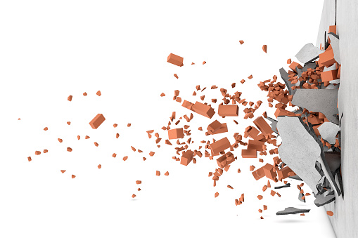 Rendering of concrete broken wall with rusty red bricks and