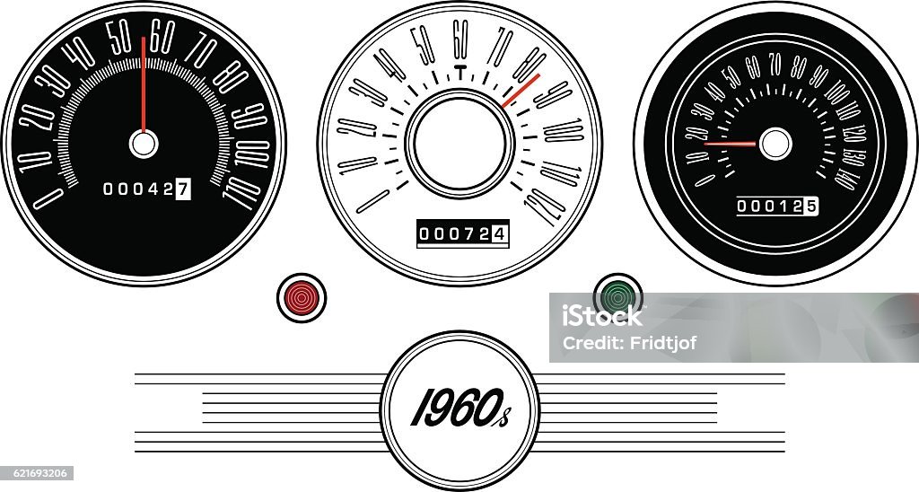 Vintage car speedometer - Illustration Various types of car speedometers from 1960s Car stock vector