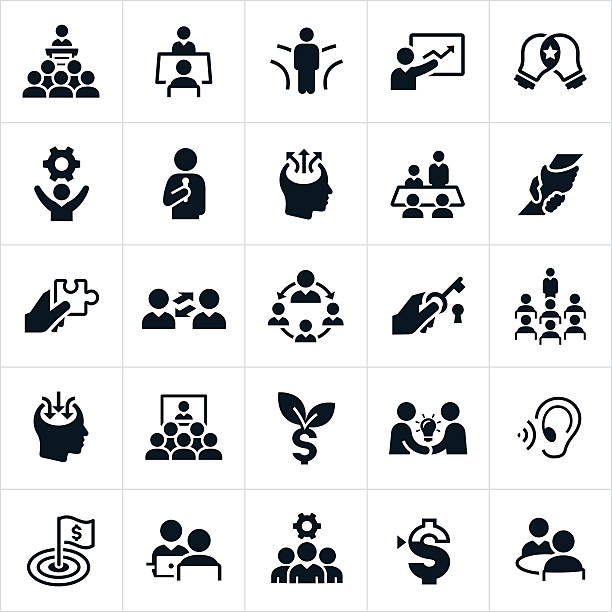 ilustraciones, imágenes clip art, dibujos animados e iconos de stock de iconos de consultoría de negocios - business expertise inspiration teamwork