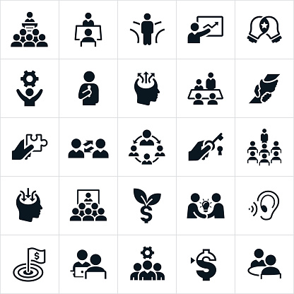 A set of business consulting icons. The icons include consultants putting on trainings, presentations and meetings. They include consultants, presenters, support, assistance, puzzle piece, goals, solutions, knowledge, growth and other concepts.