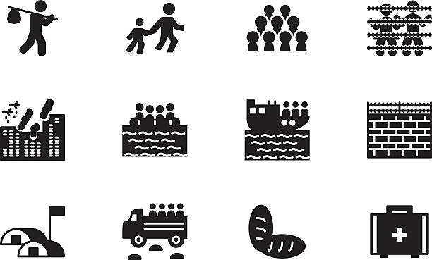 난민 및 마이그레이션 아이콘 세트입니다. 벡터. - displaced persons camp illustrations stock illustrations