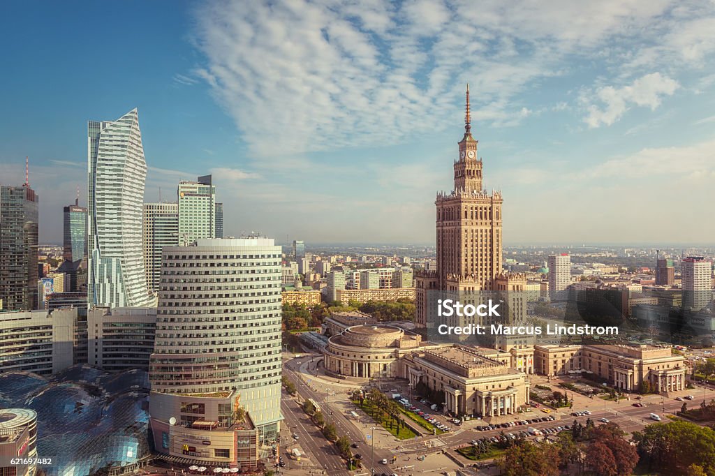 Warsaw city centre The skyline of central Warsaw at daytime. On the right stands the Palace of Culture and Science, an example of stalinist architecture from the 1950s. Warsaw Stock Photo