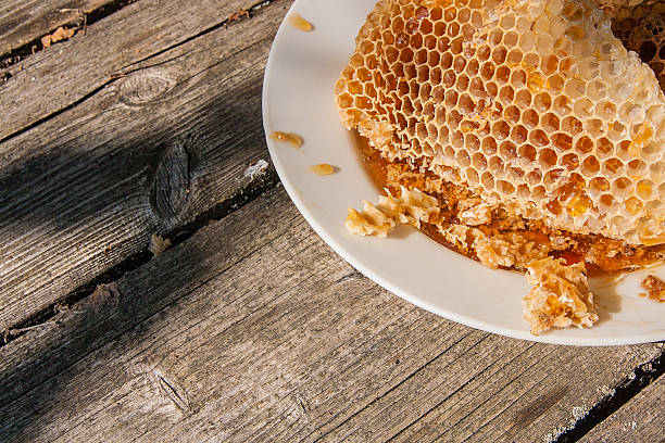 istock White plate with section of wax honeycomb from beehive 621700176