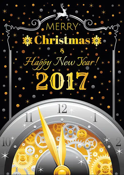 Vector illustration of Merry Christmas, New year 2017 flyer. Greeting card clock design