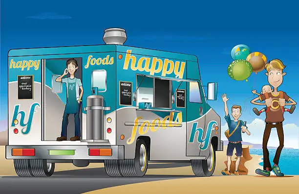 Vector illustration of Food truck by the beach