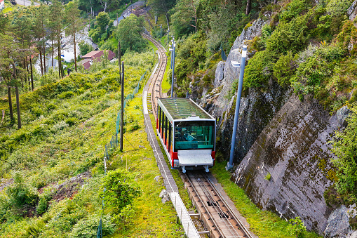 Carriage of the Funicular Railway in Bergen, Norway, climbing Mount  Floyen