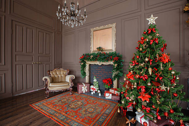 istock Calm image of interior Classic New Year Tree decorated in 621701444