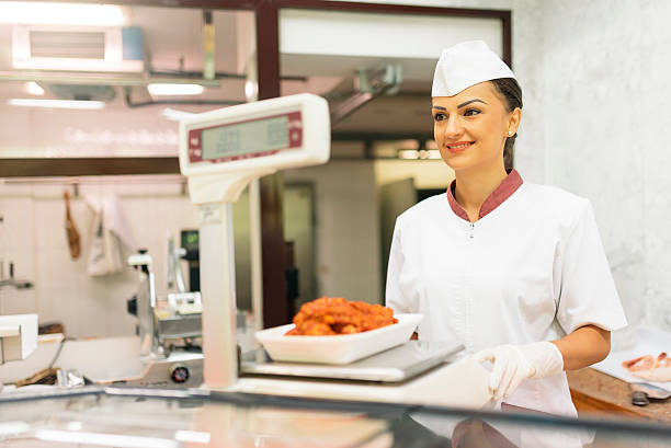 istock Pretty Butchery Woman working. 621702434