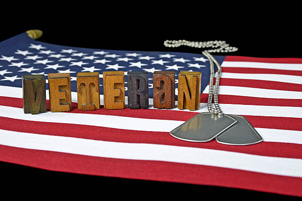 istock veteran dog tags on American flag 621703652