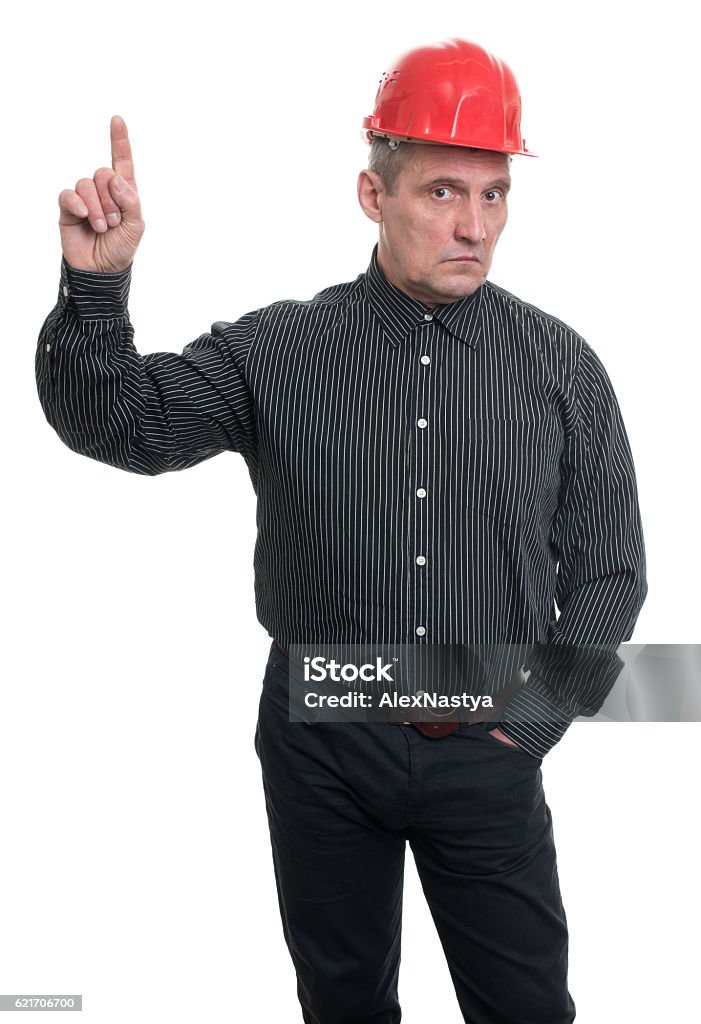 Engineer Click Finger Engineer In Helmet Points Finger Up Stock Photo - Download Image Now ...