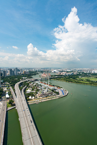 Singapore, Singapore - September 6, 2016: Aerial view of downtown Singapore during a warm day. Singapore River, the Singapore flyer ferris wheel amongst the skyscrapers and highways.