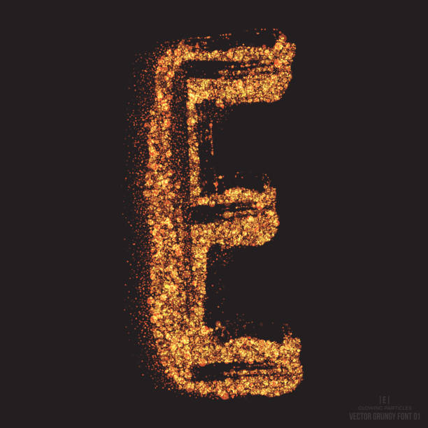 Vector Grungy Font 001. Letter E Vector grungy font 001. Letter E. Abstract bright golden shimmer glowing round particles vector background. Scatter shine tinsel light effect. Hand made grunge shape design element fire letter e stock illustrations