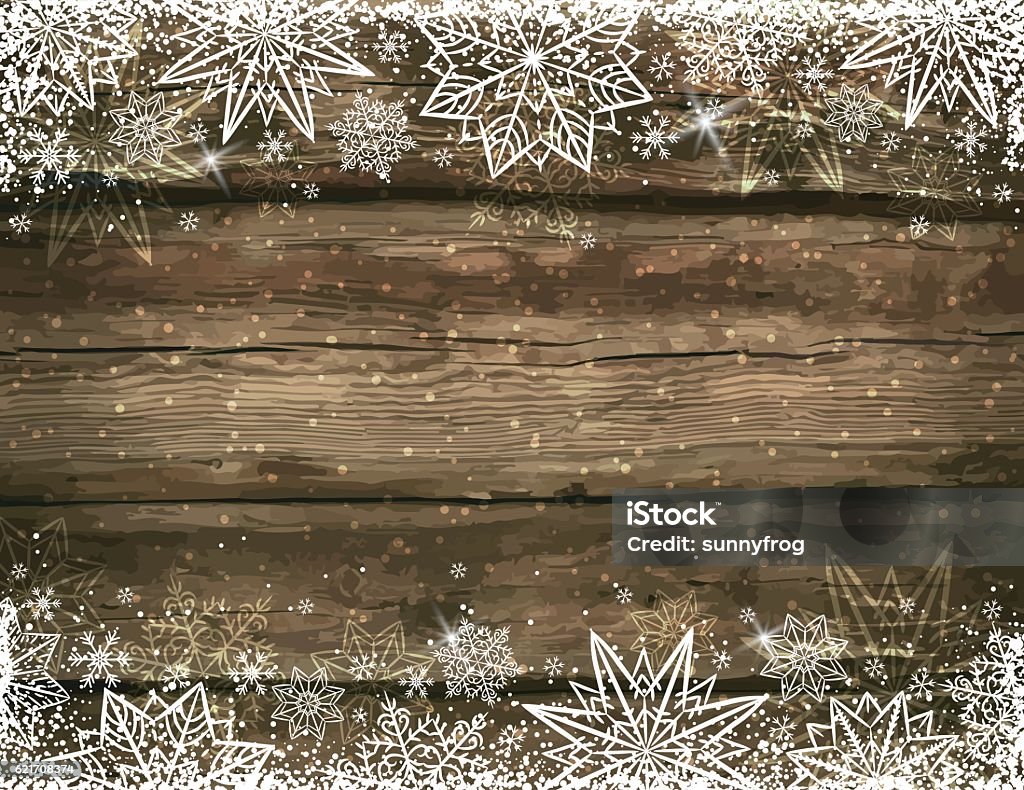 Fond de Noël brun en bois avec des flocons de neige et des étoiles - clipart vectoriel de En bois libre de droits