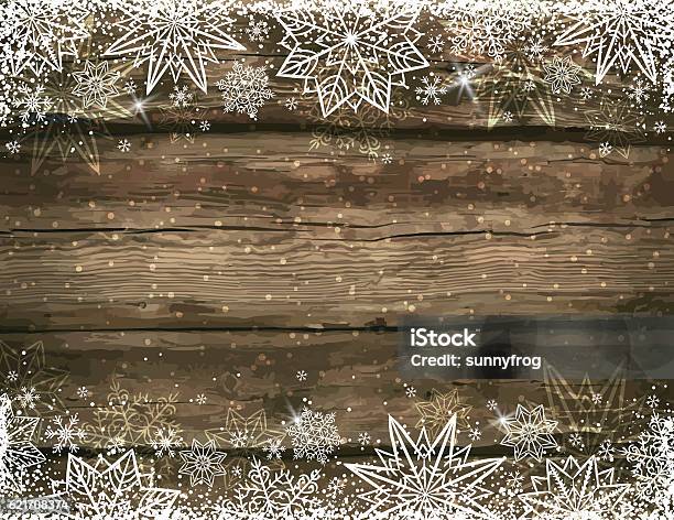 Drewniane Brązowe Świąteczne Tło Z Płatkami Śniegu I Gwiazdami - Stockowe grafiki wektorowe i więcej obrazów Drewno - Tworzywo