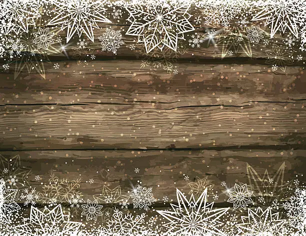 Vector illustration of Wooden brown christmas background with snowflakes and stars
