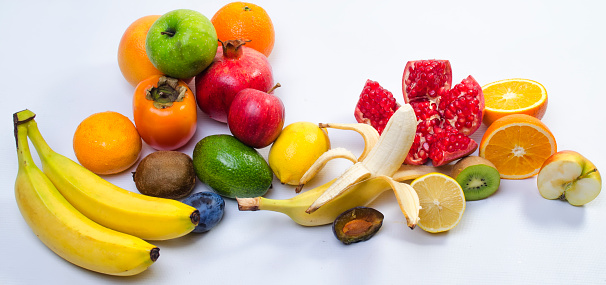 Colorful raw fruits together. Full frame of assortment of healthy and fresh fruits.