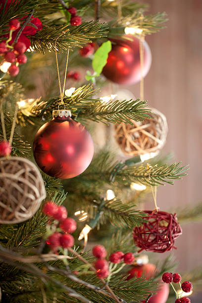 istock Christmas Holiday Environmentally friendly Tree, Natural Ornaments, Wood Background 621709842