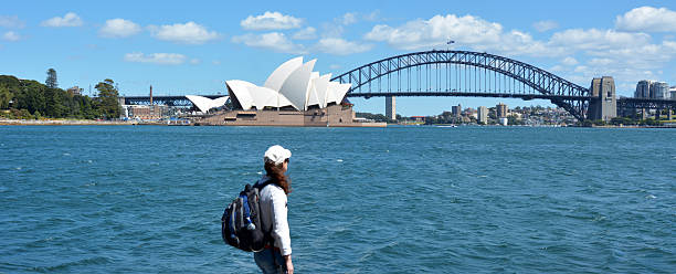 Woman looks at Sydney skyline New South Wales, Australia.