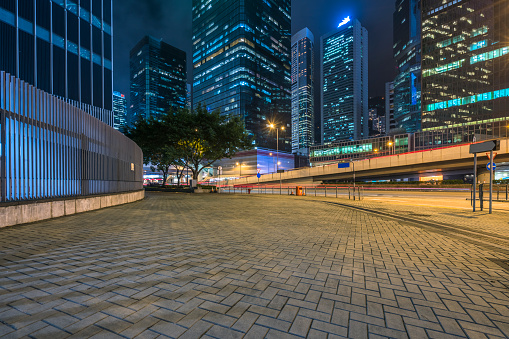 night scene of central district from roadside,Hong Kong,china.
