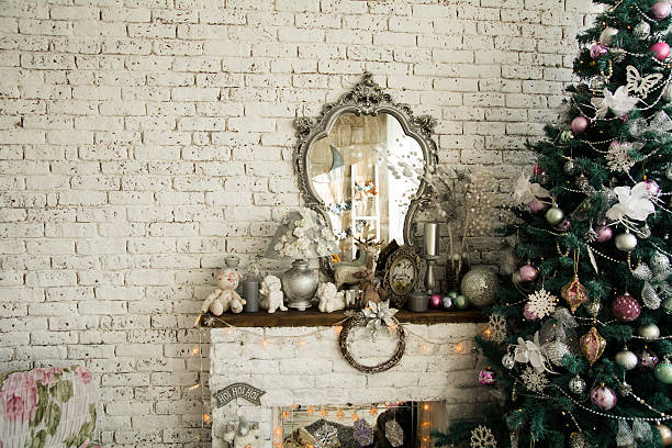 istock Background brick wall with a mirror Christmas spruce 621716230