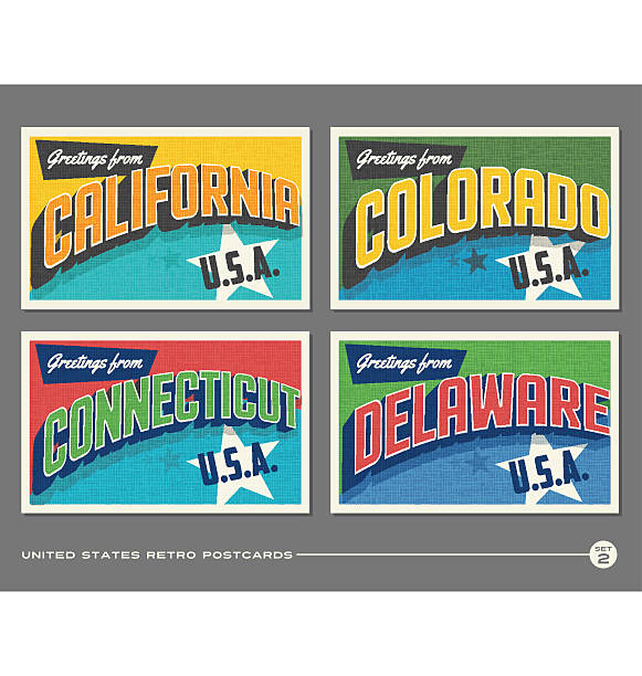 illustrazioni stock, clip art, cartoni animati e icone di tendenza di cartoline tipografiche vintage degli stati uniti con california, colorado, connecticut, delaware - cartolina postale