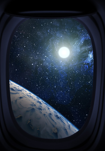 Window view of space with planet and stars.