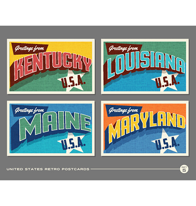 United States vintage typography postcards featuring Kentucky, Louisiana, Maine, Maryland