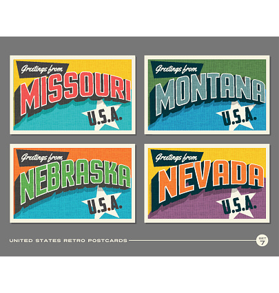 United States vintage typography postcards featuring Missouri, Montana, Nebraska, Nevada