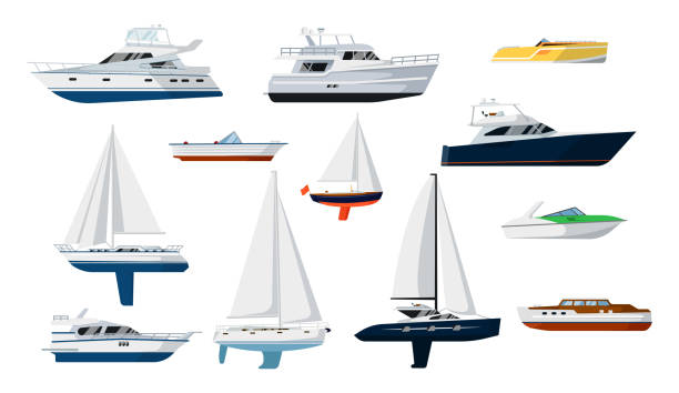 ilustraciones, imágenes clip art, dibujos animados e iconos de stock de conjunto de lanchas a motor y veleros - yacht