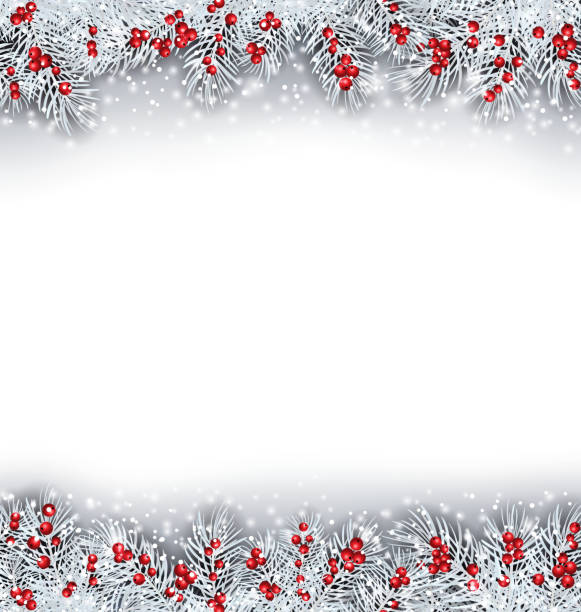 świąteczny sztandar ze srebrnymi gałązkami jodłowymi - holly frame christmas picture frame stock illustrations